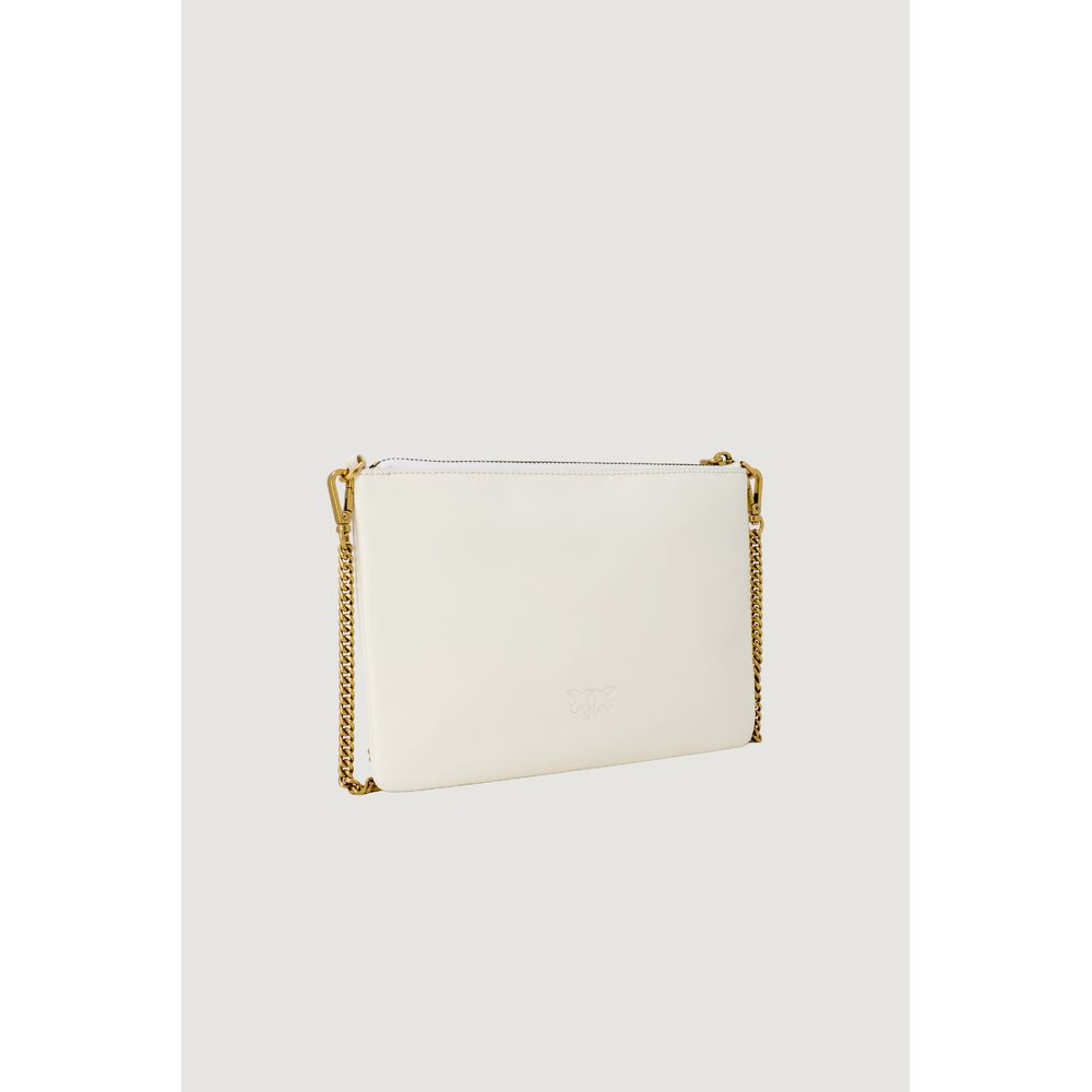 PINKO Cream Leather Clutch Bag with gold chain strap, showcasing a minimalist design and iconic logo.