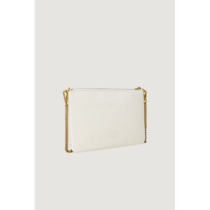 PINKO Cream Leather Clutch Bag with gold chain strap, showcasing a minimalist design and iconic logo.