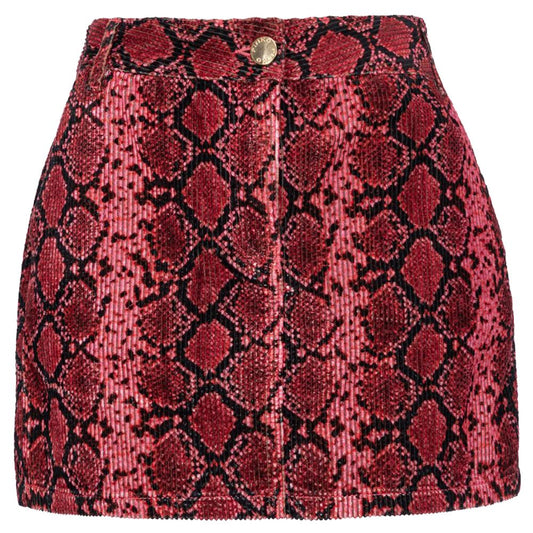 PINKO Red Cotton Women's Miniskirt with bold snake print and metal zipper, featuring slanted side pockets for chic and practical style.
