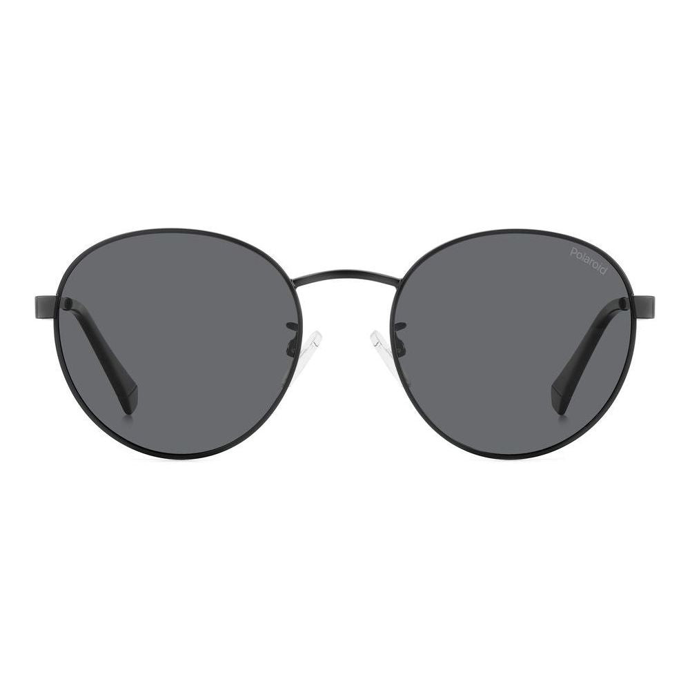 Unisex sunglasses POLAROID MOD. PLD 2144_G_S_X with round black frames and dark lenses.