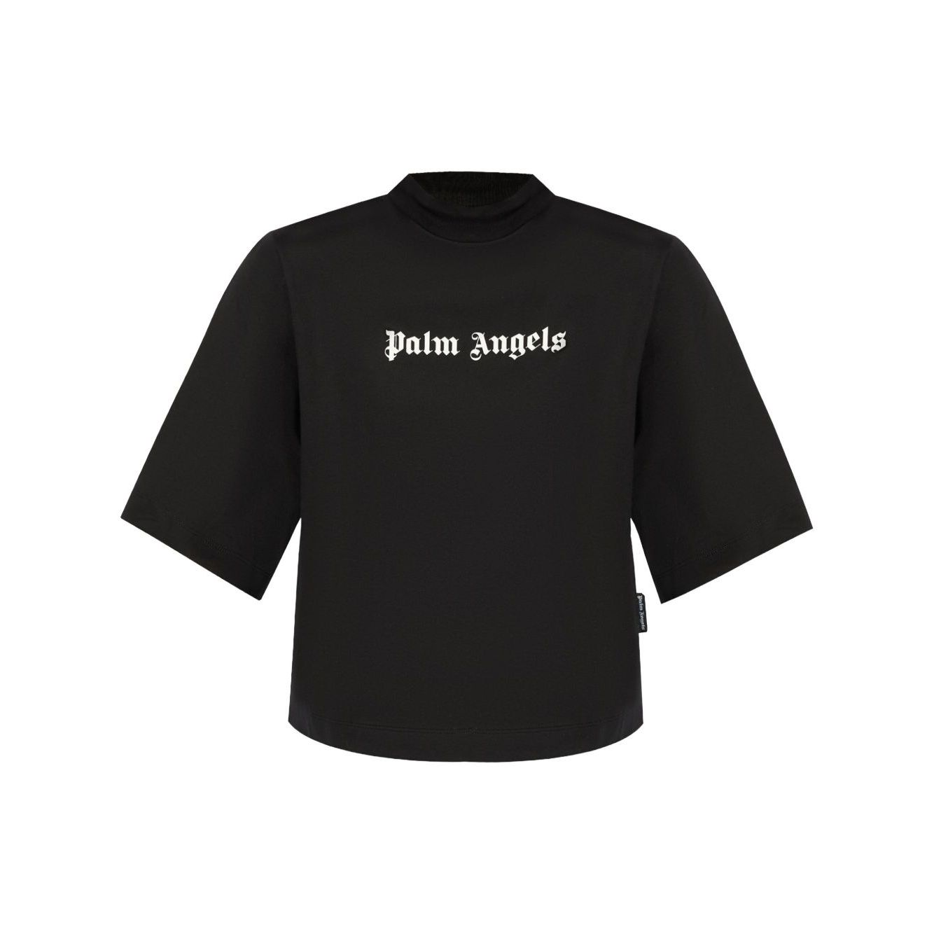 Palm Angels crop T-shirt with logo, black crew neck, drop shoulder, short sleeves, front view