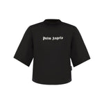 Palm Angels crop T-shirt with logo, black crew neck, drop shoulder, short sleeves, front view
