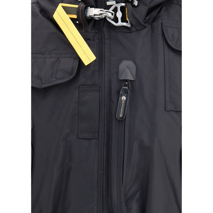 Close-up view of Parajumpers Black Nylon Bomber showcasing front zipper and yellow tag.