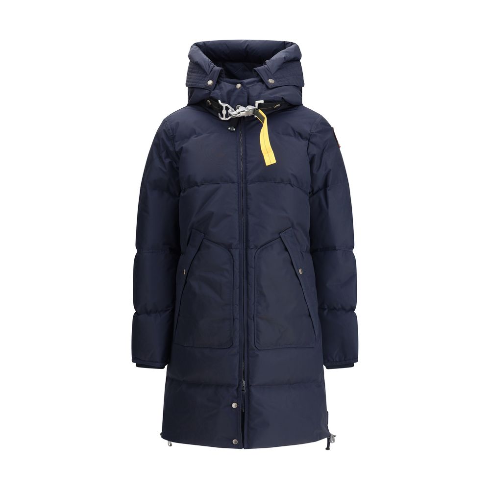 Parajumpers Blue Nylon Full-Length Jacket with adjustable hood, down filling, and double-slider zipper, showcasing sustainable design.