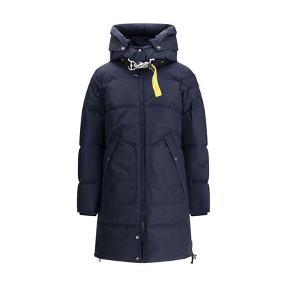 Parajumpers Blue Nylon Full-Length Jacket with adjustable hood, down filling, and double-slider zipper, showcasing sustainable design.
