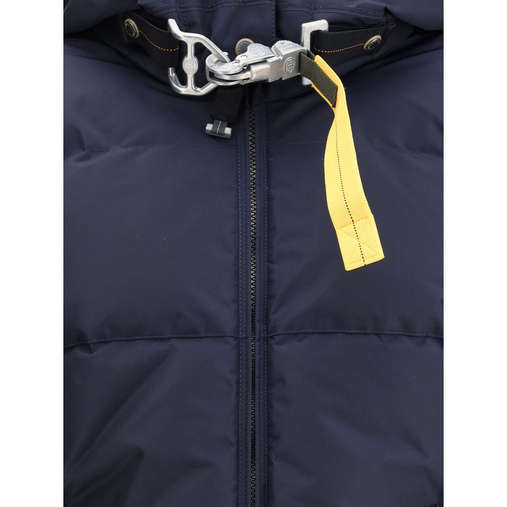 Close-up of Parajumpers Blue Nylon Full-Length Jacket detailing with zipper and classic yellow strap
