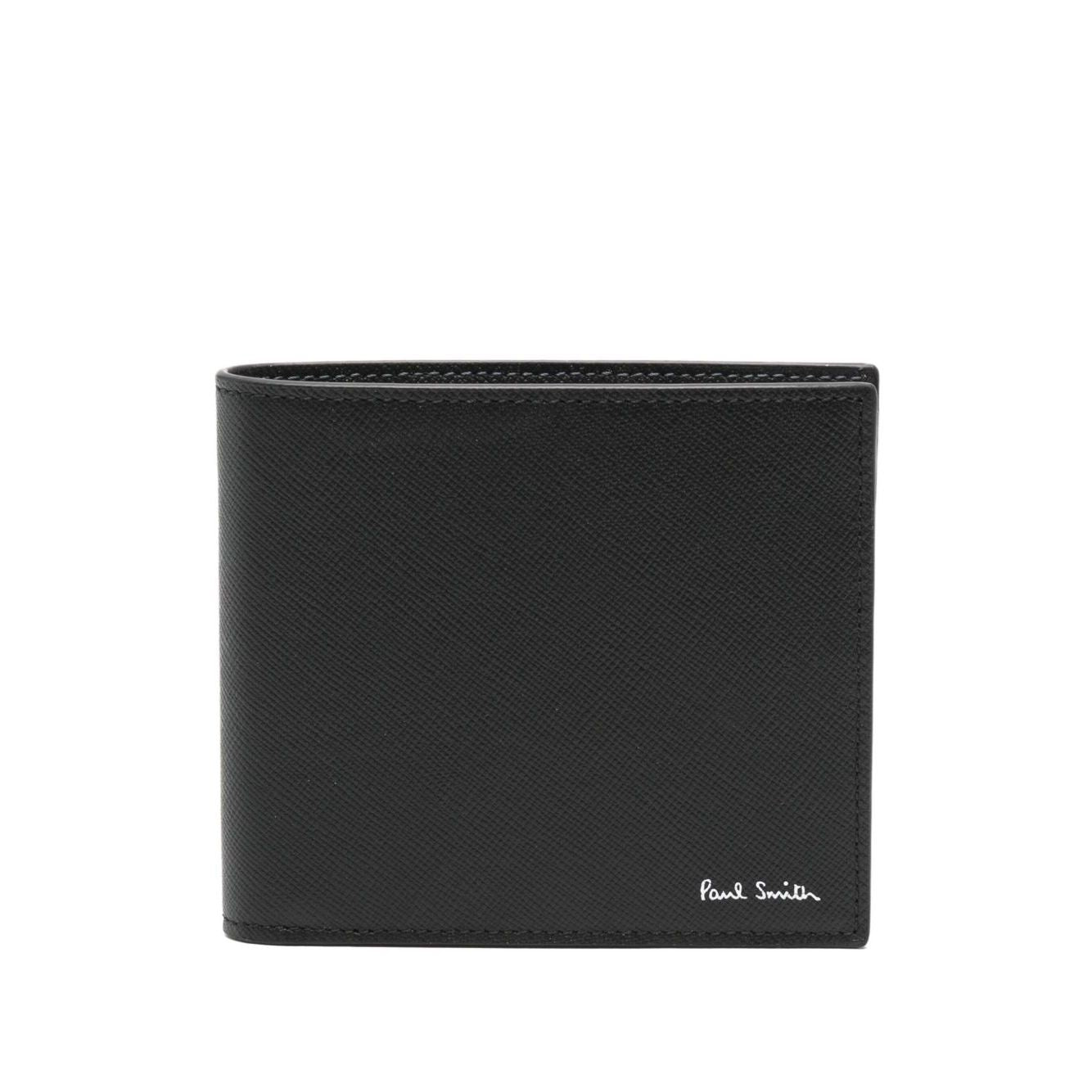 Paul Smith Leahter bifold wallet in black calf leather with internal card slots and logo detail, dimensions: 11cm x 9cm x 2cm.