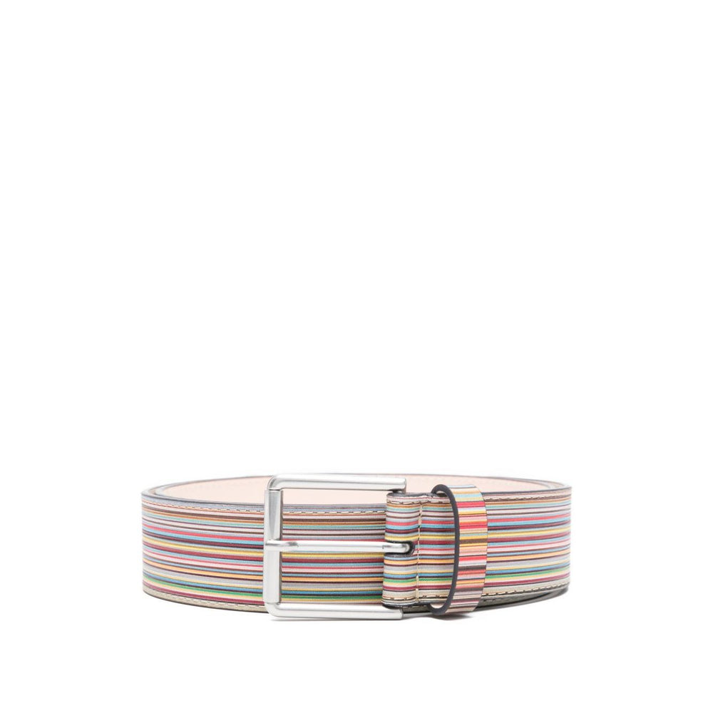 Paul Smith Striped leather belt in blue calf leather with silver buckle, featuring multiple stripes, straight edges, and pin holes.