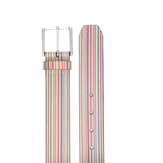 Paul Smith Striped leather belt featuring blue calf leather, silver buckle, multiple stripes, and pin holes. Fashionable accessory.