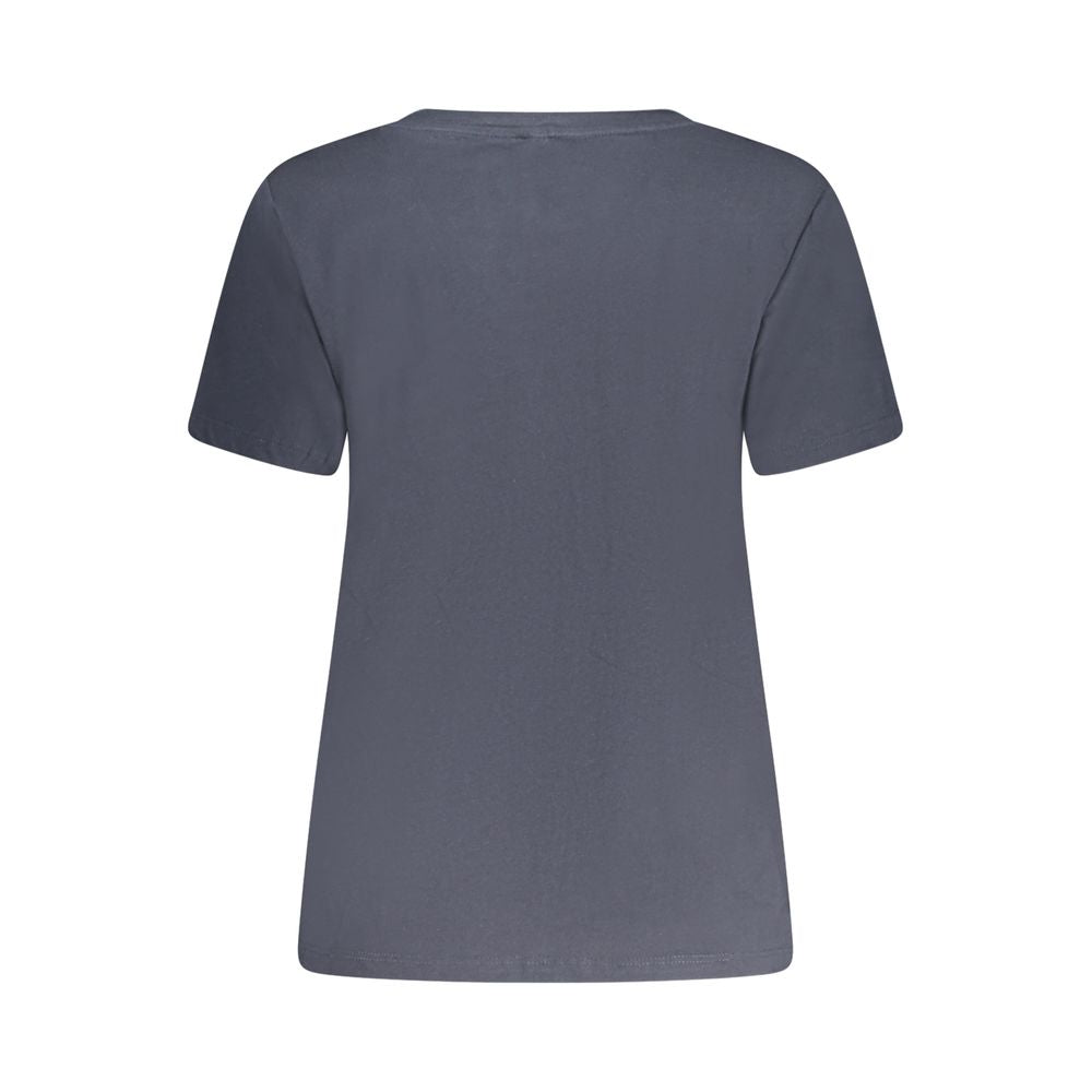 Back view of Pepe Jeans Blue Cotton Women T-Shirt, showcasing short sleeves and classic crew neck in sustainable 100% cotton fabric.
