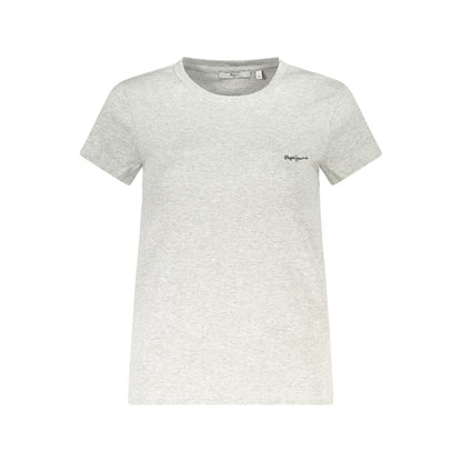 Pepe Jeans Gray Cotton Women T-Shirt with crew neck and embroidered logo, perfect for casual wear, emphasizing comfort and sustainability.