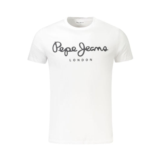 Pepe Jeans White Cotton Men TShirt with logo print, eco-friendly slim-fit crew neck, showcasing timeless style and sustainability.