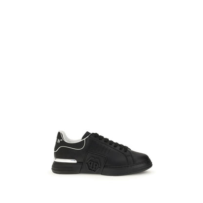 Philipp Plein Black Calf Leather Bos Taurus Athletic Sneakers with PP logo and hexagon detail, urban style, low top design
