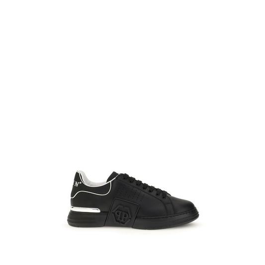 Philipp Plein Black Calf Leather Bos Taurus Athletic Sneakers with PP logo and hexagon detail, urban style, low top design