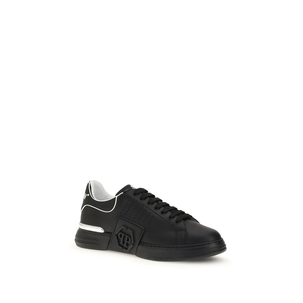 Philipp Plein Black Calf Leather Bos Taurus Athletic Sneakers with hexagon logo and nickel-plated heel stabilizer.