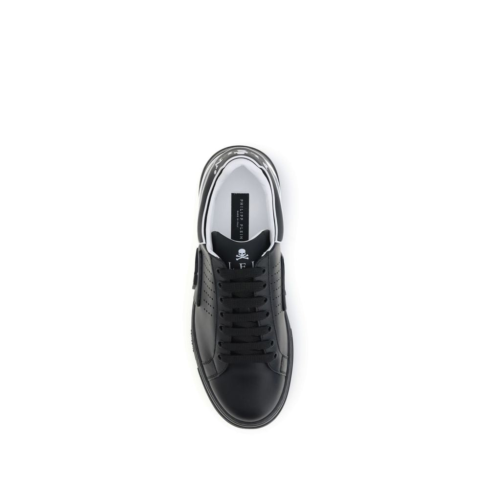 Philipp Plein Black Calf Leather Bos Taurus Athletic Sneakers, top view showing nappa leather and distinctive logo detailing.
