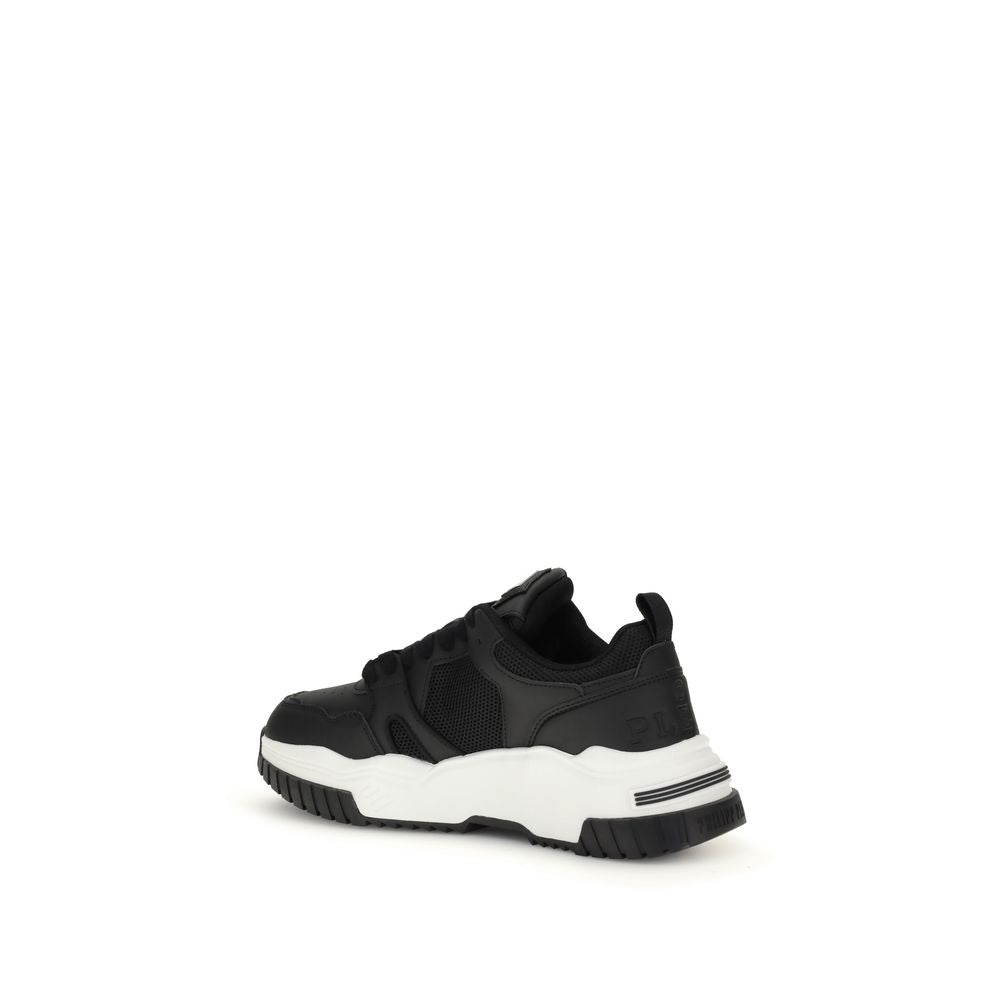 Side view of Philipp Plein Black Polyester Athletic Sneakers featuring a bold design with cushioned sole and logo patch.