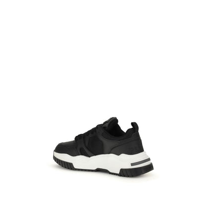 Side view of Philipp Plein Black Polyester Athletic Sneakers featuring a bold design with cushioned sole and logo patch.