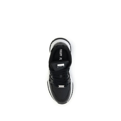 Top view of Philipp Plein Black Polyester Athletic Sneakers showcasing sleek design and logo patch on sole.
