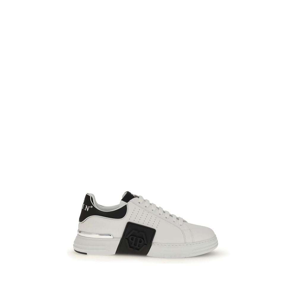 Philipp Plein White Calf Leather Bos Taurus Athletic Sneakers with hexagon rubber strap and metal heel stabilizer