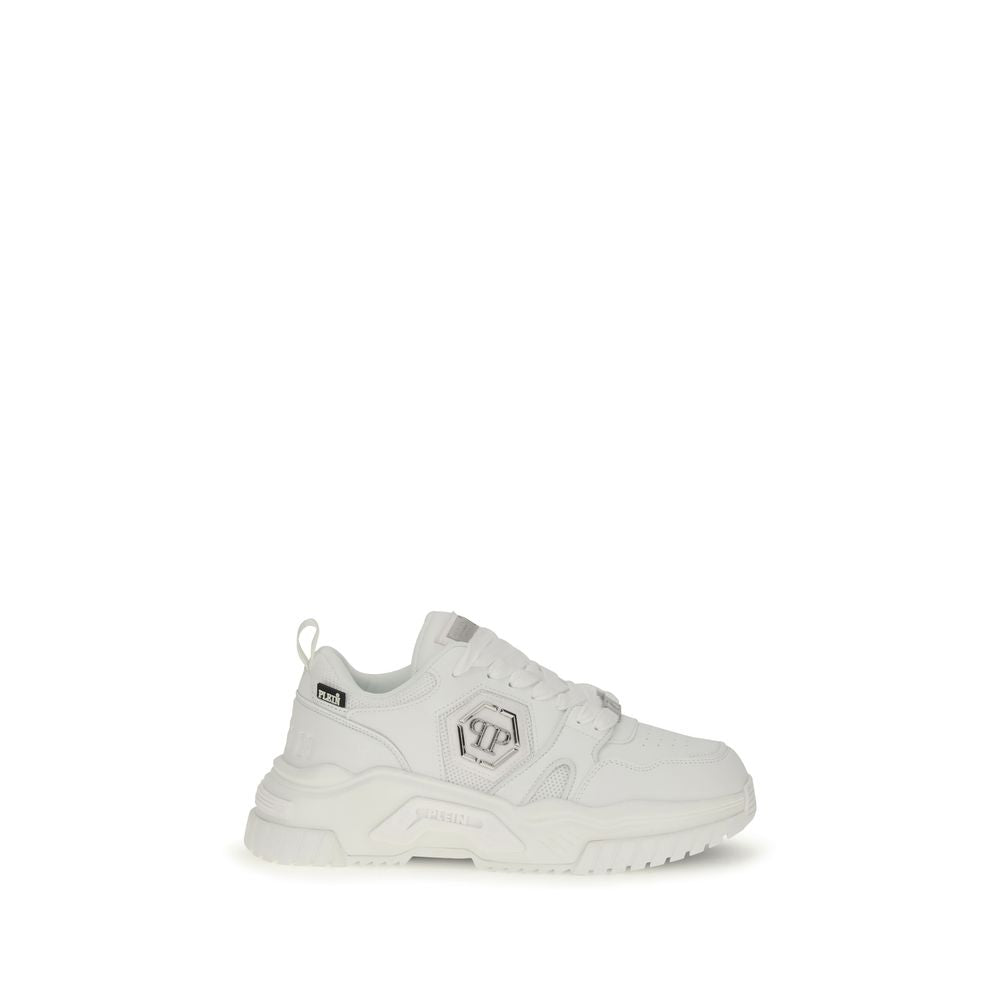 Philipp Plein White Polyester Athletic Sneakers with logo patch and contoured outsole.