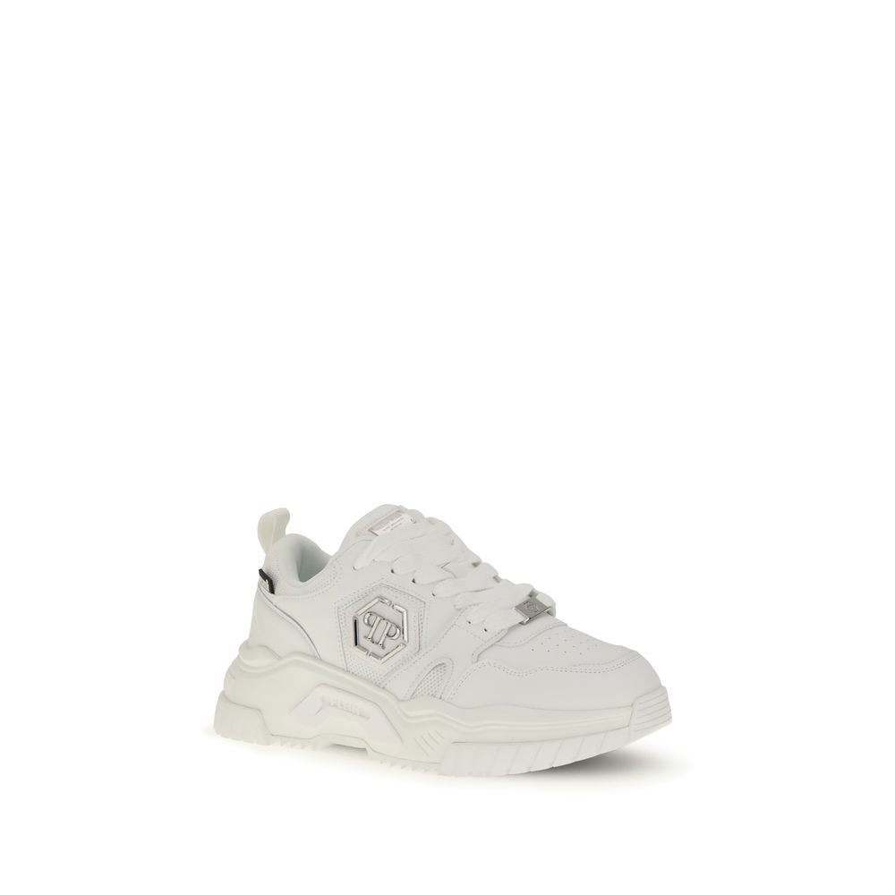 Philipp Plein White Polyester Athletic Sneakers with logo patch and rubber midsole for stable and stylish wear.