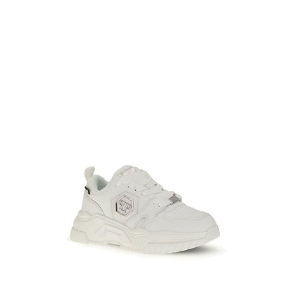 Philipp Plein White Polyester Athletic Sneakers with logo patch and rubber midsole for stable and stylish wear.