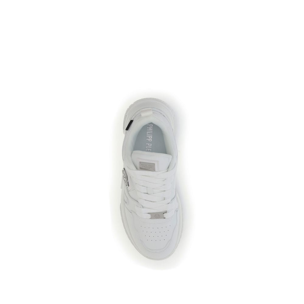 Philipp Plein White Polyester Athletic Sneakers with perforated details and logo patch, top view.