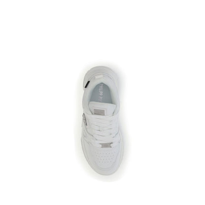 Philipp Plein White Polyester Athletic Sneakers with perforated details and logo patch, top view.