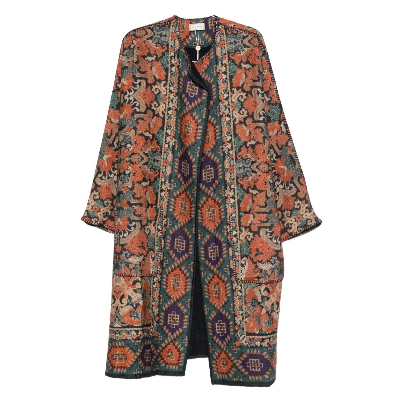 Pierre Louis Mascia Dresses Brown geometric patterned wool kimono with three-quarter sleeves and side patch pockets.
