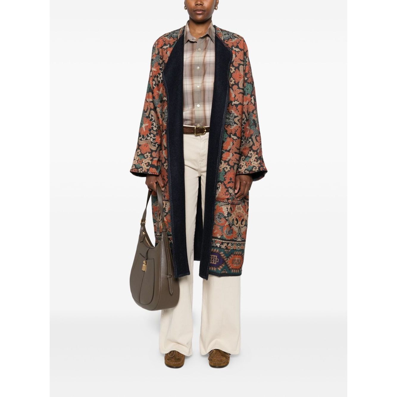 Pierre Louis Mascia Dresses Brown wool kimono with geometric pattern, open front, three-quarter sleeves, and side patch pockets.