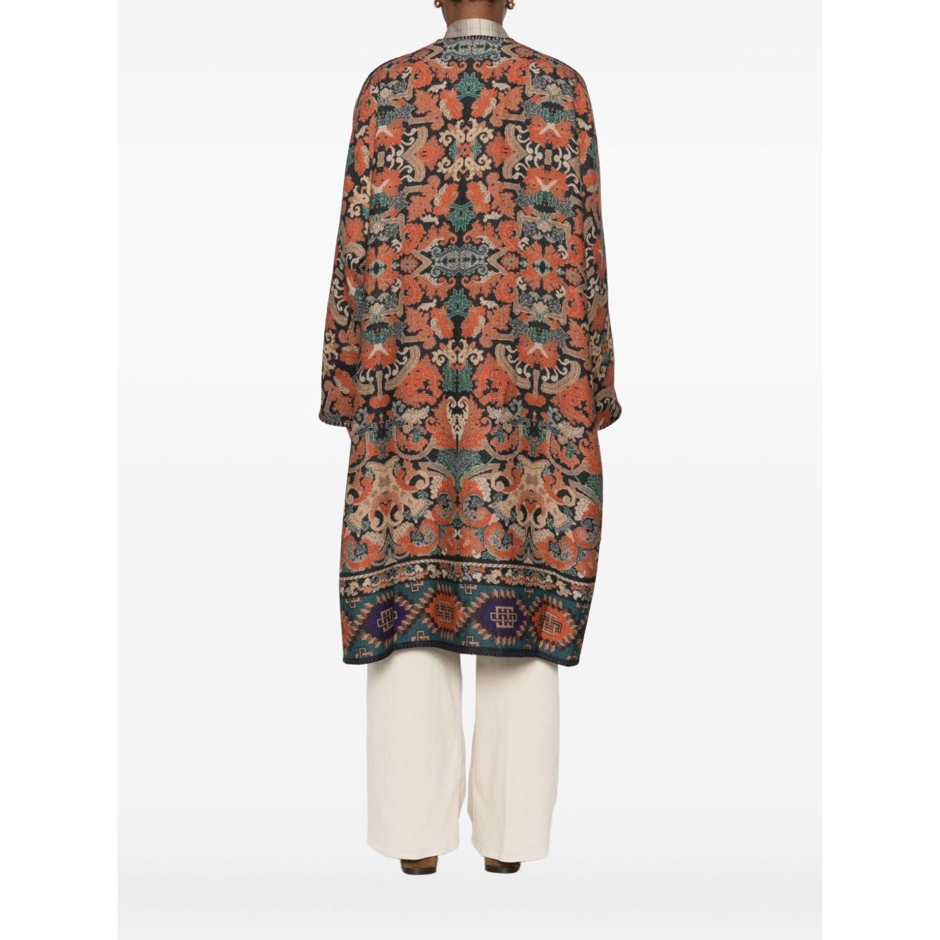 Pierre Louis Mascia Dresses Brown, wool kimono with geometric pattern, three-quarter sleeves, open front, side patch pockets, back view.