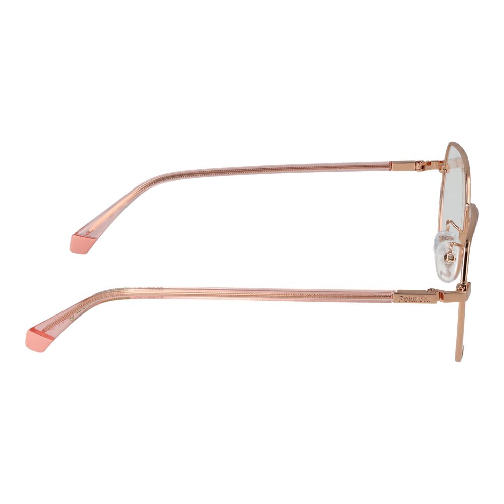 Side view of Polaroid Gold Women Glasses Frame in eco metal, full-rim square style, size 52-18-145 with demo lenses.