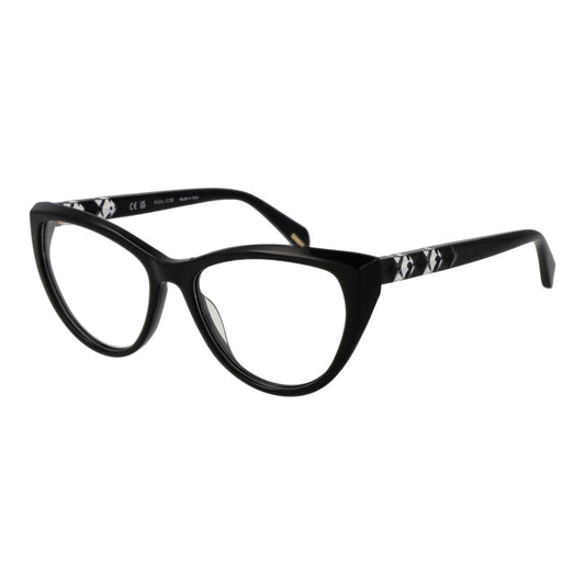 Police Black Plastic Glasses (Frames) for women, full-rim cat eye style, black plastic frame, demo lenses, 53-16-140 dimensions.