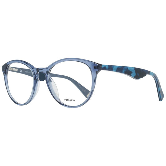 Police Blue Women Glasses Frame, butterfly style, full-rim plastic, demo lenses, includes branded case, frame color blue, size 50-20-140.