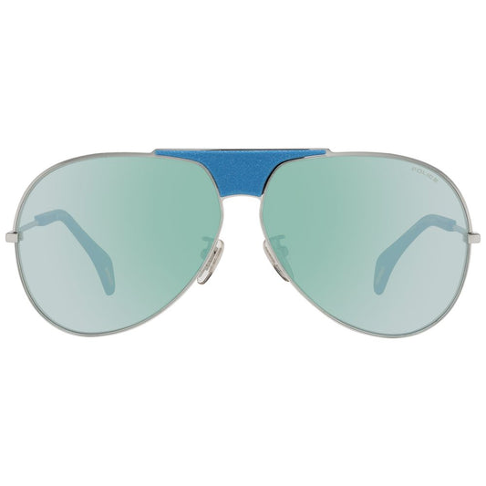 Police Blue Women Sunglass aviator style with mirrored blue lenses and plastic blue frame, offering 100% UVA & UVB protection.