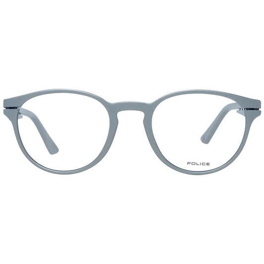 Police Gray Men Glasses Frame, full-rim round style with 50-21-145 dimensions, grey plastic material, includes branded case.