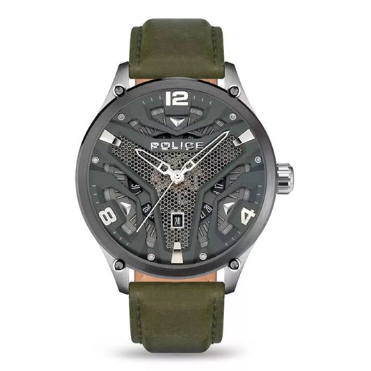 Police Green Leather Watch with quartz mechanism, stainless steel grey case, green leather bracelet, analog display, 52mm dial.