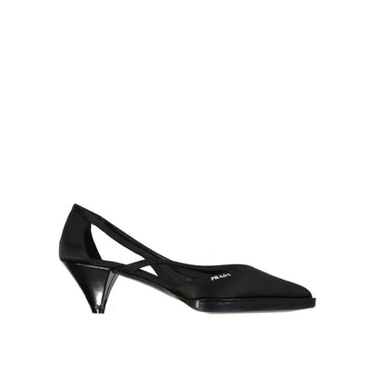 Prada Black Silk Mid Heel Pumps with cut-out detail, pointed toe, slip-on design, branded insole, heel 5.5 cm.