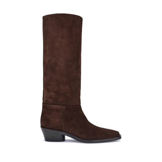Proenza Schouler Brown Calf Leather Bos Taurus Ankle Boots with squared toe and solid wide heel, side view.