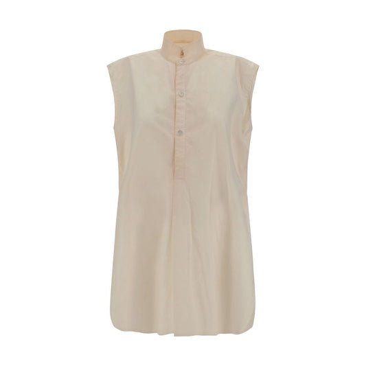 Quira Sleeveless Shirt with mandarin collar and button closure featuring vintage effect and side slits for a versatile look.