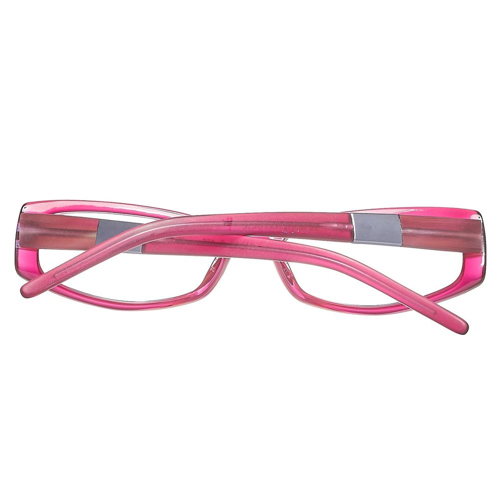 Back view of pink eyeglass frames showing folded temples.