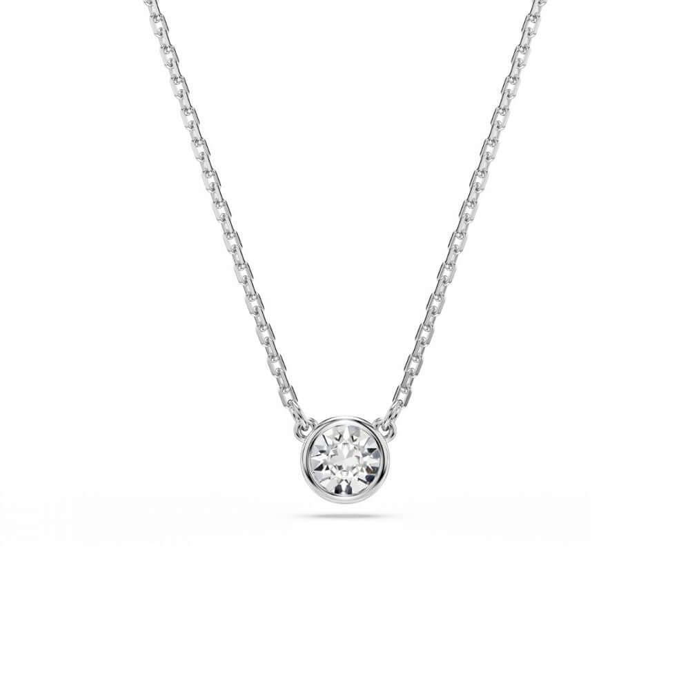 Swarovski Mod. 5696039 minimalist Imber Pendant Necklace, round cut white stone, rhodium plated, elegant design