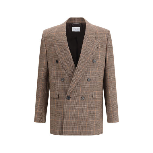 Saint Laurent Beige Wool Blazer with double-breasted design and padded shoulders for a classic tailored look.