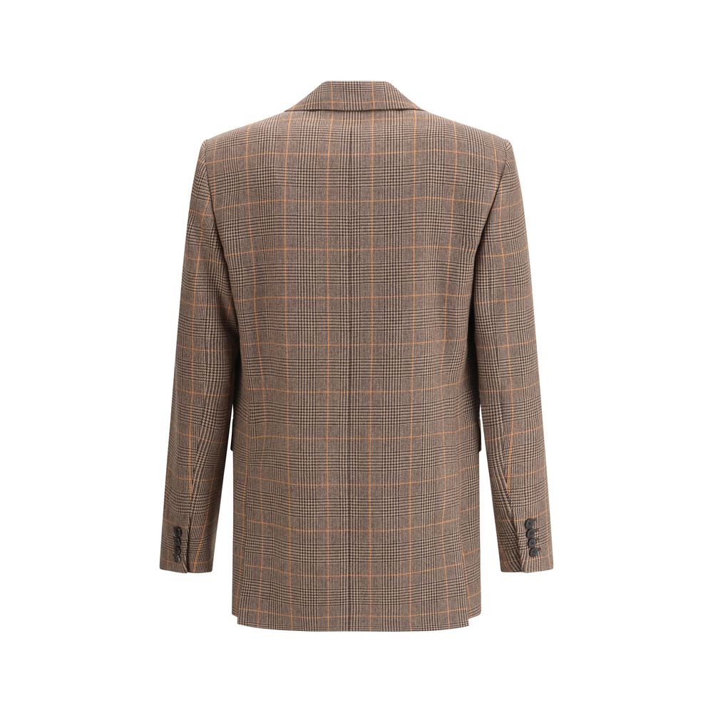 Back view of Saint Laurent Beige Wool Blazer featuring a classic Prince de Galles check and elegant tailoring.