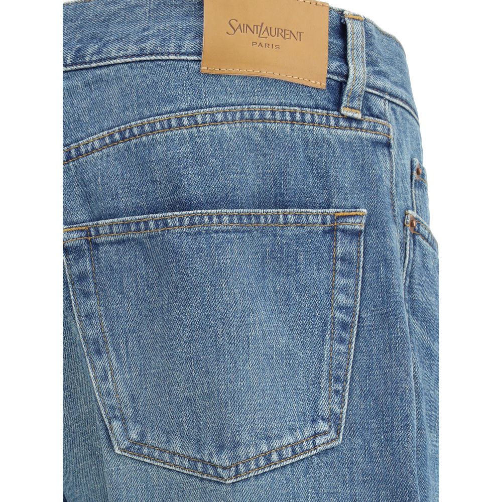 Close-up of Saint Laurent Blue Cotton Straight-Leg Jeans showing back pocket and brand patch.