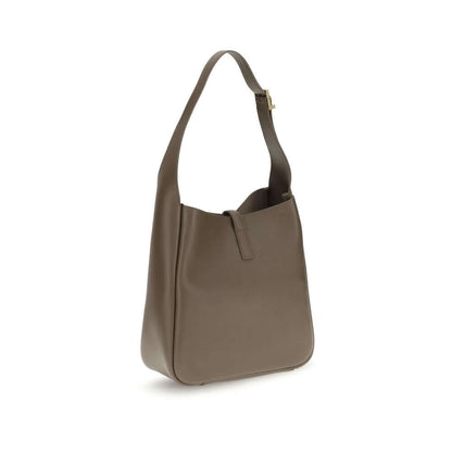 Saint Laurent Brown Calf Leather Bos Taurus Shoulder Bag with YSL logo hook and adjustable strap in refined hobo design.