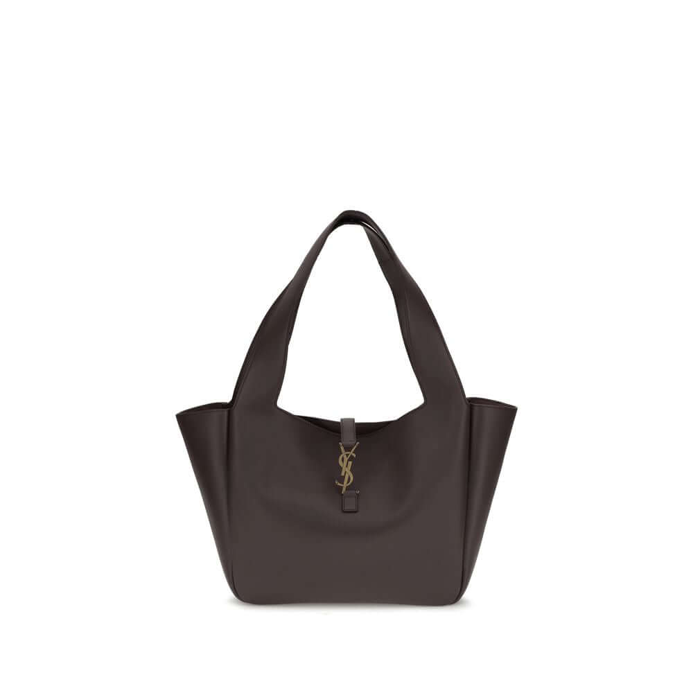 Saint Laurent Brown Lamb Ovis Aries Aries Shoulder Bag with Cassandre closure, grained leather, and tonal suede lining.