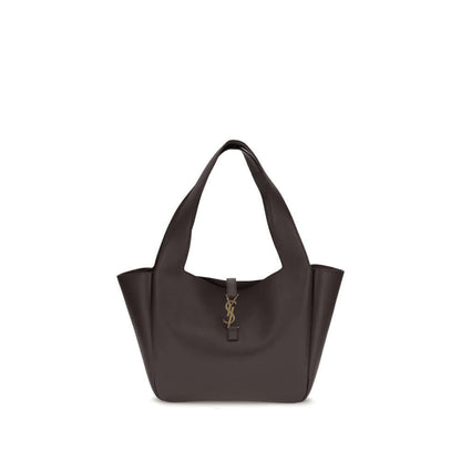 Saint Laurent Brown Lamb Ovis Aries Aries Shoulder Bag with Cassandre closure, grained leather, and tonal suede lining.