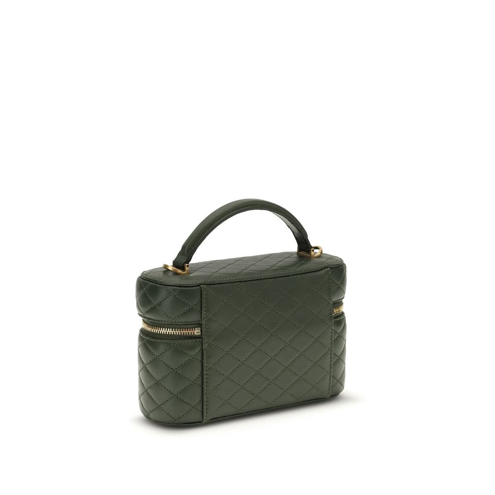 Saint Laurent Green Calf Leather Bos Taurus Handbag with quilted finish and YSL logo plaque, featuring top handle and shoulder strap.
